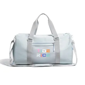 Light blue gym duffel bag with wet dry separation, stylish sports training bag for travel.