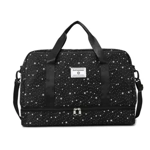 Black starry travel duffel bag with separate shoe compartment, multi-functional gym bag