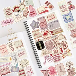 Bookish aesthetic vintage quote stickers detail view, journal and water bottle decal.