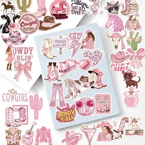 50 pcs autocollants esthétiques rose cowgirl western mignons étanches pour journal bouteille