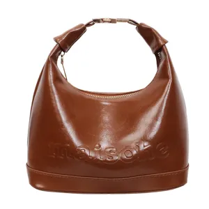 Elegant brown oil-wax leather hobo bag featuring embossed logo and metal buckle handle