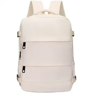 Vue de face du sac à dos multifonction crème avec grande capacité et poches multiples.