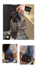 Close-up of brown Y2K underarm bag with silver chain and star patch details