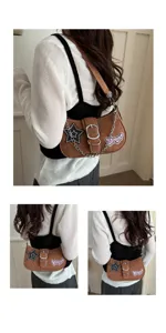 Brown Y2K baguette bag with star patches and chain buckle detail shown on model.
