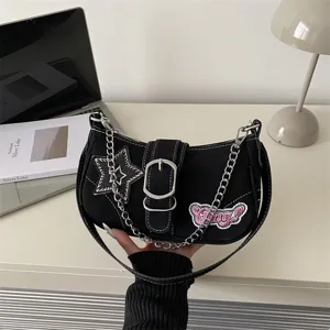 Women Y2K Millennium Style Underarm Bag Star Patchwork Belt Buckle Chain Decoration Zipper Medium Dumpling Shaped Shoulder Bag For Girls