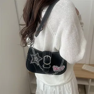 Stylish black Y2K star baguette underarm bag with silver chain and buckle detail for women