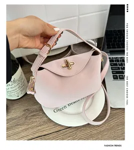 Vue détaillée d'un sac à main rétro rose clair avec fermoir doré et bandoulière réglable