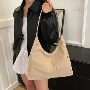Large capacity beige hobo shoulder bag with gold stud embellishments for women