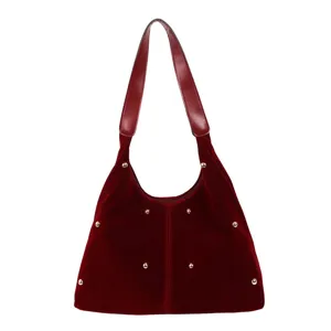 Burgundy velvet tote bag with gold stud accents and large capacity shoulder strap