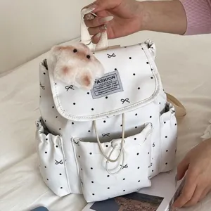 Preppy Style Bowknot Polka Dot Backpack For College Women Drawstring Flap School Bag Vintage Niche Leisure Travel Rucksack