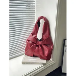 Sac Cabas à Nœud de Grande Capacité pour Femmes en Cuir PU Sac à Bandoulière Mode Navettage Sac Gilet à Plis