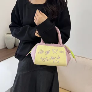 Süße Schminktasche im INS-Stil mit Kontrastfarben, Tragegriff und Cartoon-Illustrationen
