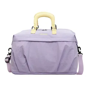 Large capacity travel duffel bag for women, purple grid fitness gym bag with yellow handle.