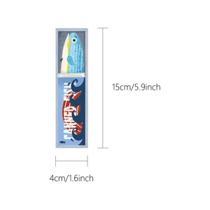 Cute vintage sardine tin fish illustration bookmark with clear dimension marks for reading.
