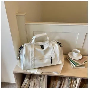 White PU leather travel duffel bag large capacity sports gym bag with shoulder strap.