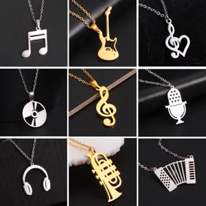 Detailed view of music-themed stainless steel pendants like guitar, microphone and notes