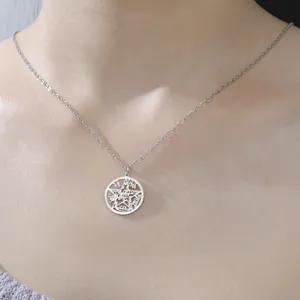 Close-up of a 304 stainless steel pentagram star pendant necklace on a model's neck