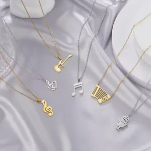 Hip Hop 304 Stainless Steel Guitar Pendant Necklace For Men Women Music Note Clef Microphone Earphone Accordion Trumpet Street Punk Link Chain Necklace Jewelry Gift