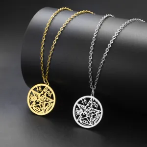 Close-up of gold and silver stainless steel pentagram necklaces with hollow engravings.
