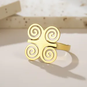 Detailed view of gold-plated stainless steel ring featuring ancient African spiral symbol