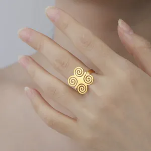 Detailed view of an 18K gold plated stainless steel ring with African spiral symbols