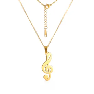 Gold stainless steel treble clef music note pendant necklace for men