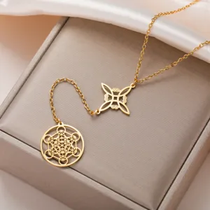 Detail of gold-plated stainless steel necklace with Witch's Knot and Metatron's Cube