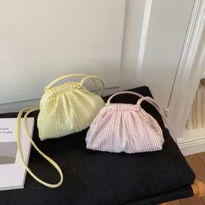 Preppy Style Nylon Plaid Striped Small Backpack Mini Drawstring Pleated Shoulder Bag Casual Lightweight Commuter Pack For Women Student