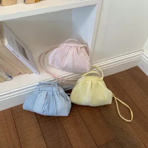 Pastel gingham and striped pleated handbags for women in pink, blue, and yellow