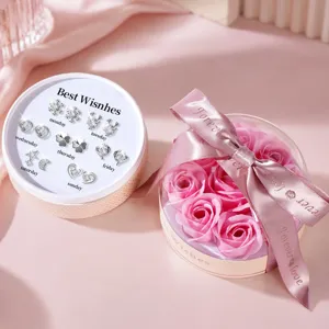 Ensemble de boucles d'oreilles avec boîte cadeau de rose éternelle, cadeau romantique pour femmes.