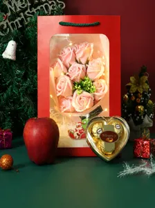 Christmas gift set with soap rose bouquet, apple, chocolate box, gift bag and LED string lights.