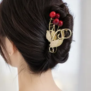 Molla per capelli in metallo stile coreano con ciliegie rosse e foglie di strass.