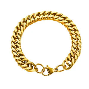 Close-up of 18k gold plated titanium steel double-woven curb chain bracelet