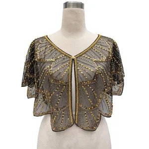 Vintage Women Sequin Beaded Capelet Mesh Bolero Top Evening Party Gatsby Floral Embroidered Cardigan Shawl Outerwear