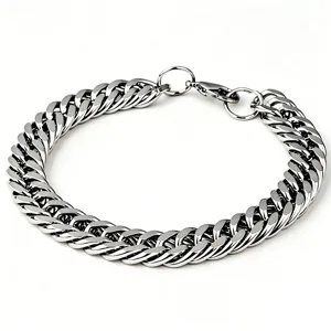 Detailed close-up of a silver stainless steel curb chain with a secure lobster clasp.