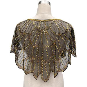 Detailed back view of vintage black mesh shrug shawl with gold sequins and beads