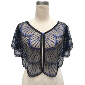 Vintage black mesh shawl with blue sequins and beads, short bolero jacket for party wear