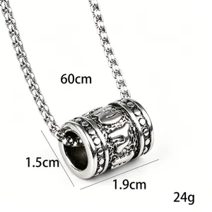 Detail of titanium steel Six-Syllable Mantra cylindrical pendant necklace 24g weight