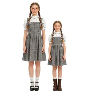 Femmes Filles Costume Cosplay Robe Noir Blanc Carreaux Douce Robe Princesse Halloween Fête Tenue de Performance