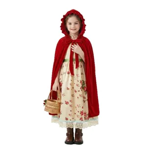Children Red Riding Hood Cosplay Costume Retro Floral Dress Cloak Set Halloween Party Stage Performance Outfit