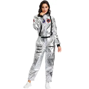 Silver astronaut jumpsuit detail, shiny metallic space costume featuring cool patches and straps.