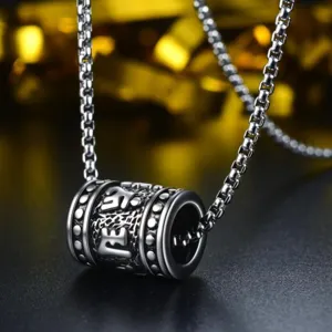 Detail of stainless steel cylinder pendant with engraved Six-Syllable Mantra on box chain.