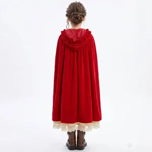 Kids red velvet hooded cape costume back view detail showing the vintage fairy tale design.