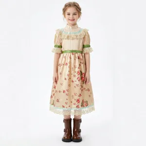 Vintage floral girls dress with lace and green ribbons, ideal for costume stage play events.