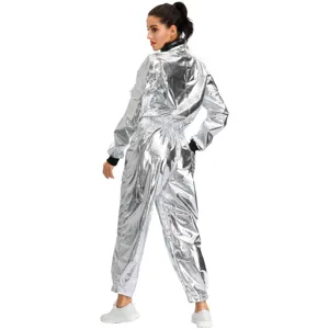 Silver space suit costume detail showing back view, shiny metallic jumpsuit for cosplay events.