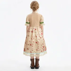 Detailed back view of children vintage floral costume dress with delicate lace trim and puff sleeves.