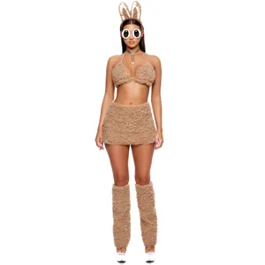 Flauschiges sexy Hasen Kostüm Set mit Ohren, Top, Rock und Beinwärmer für Cosplay und Party.