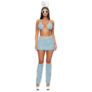 Sexy blaues flauschiges Hasen-Kostümset mit Bikini-Top, Rock, Beinstulpen und witziger Brille.