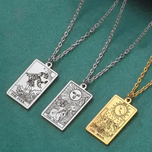 Collier Pendentif Carte de Tarot en Acier Inoxydable 304 Vintage pour Hommes Femmes Amulette Arcanes Majeurs Médaillon Rectangulaire Bijoux Cadeau