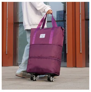 A detailed view showing the large capacity purple foldable travel bag with wheels.